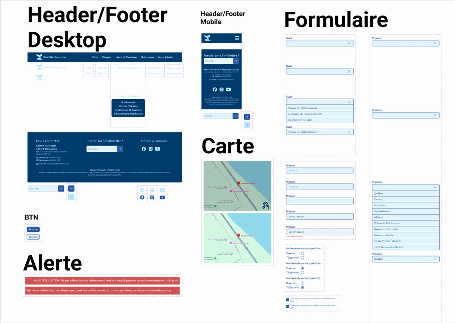Showcase des composantes utilisées pour le prototypage sur Figma