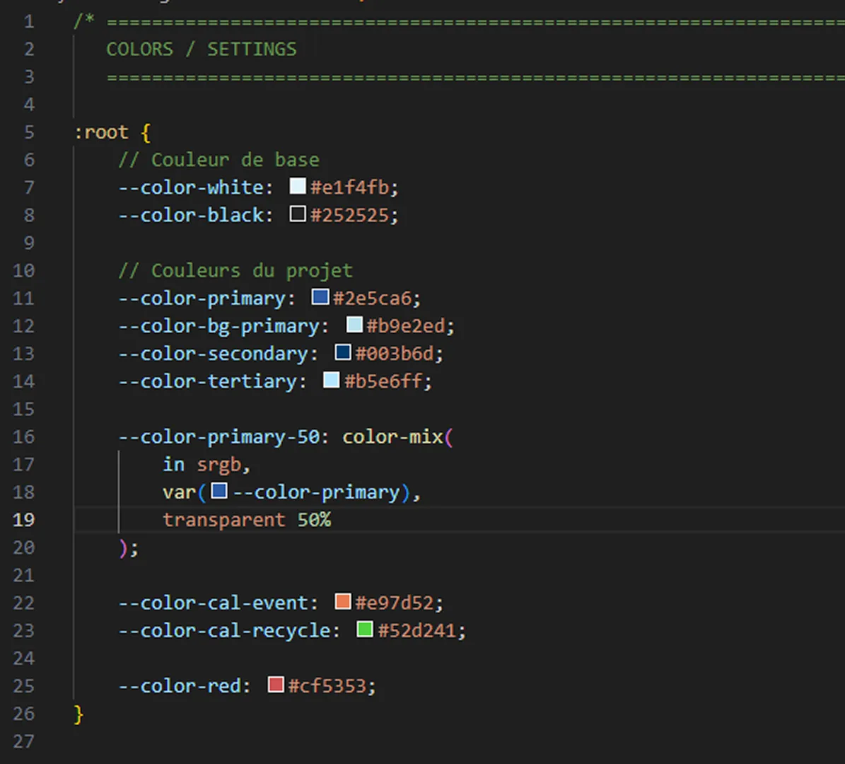 Showcase des couleurs et typos du projet dans le code