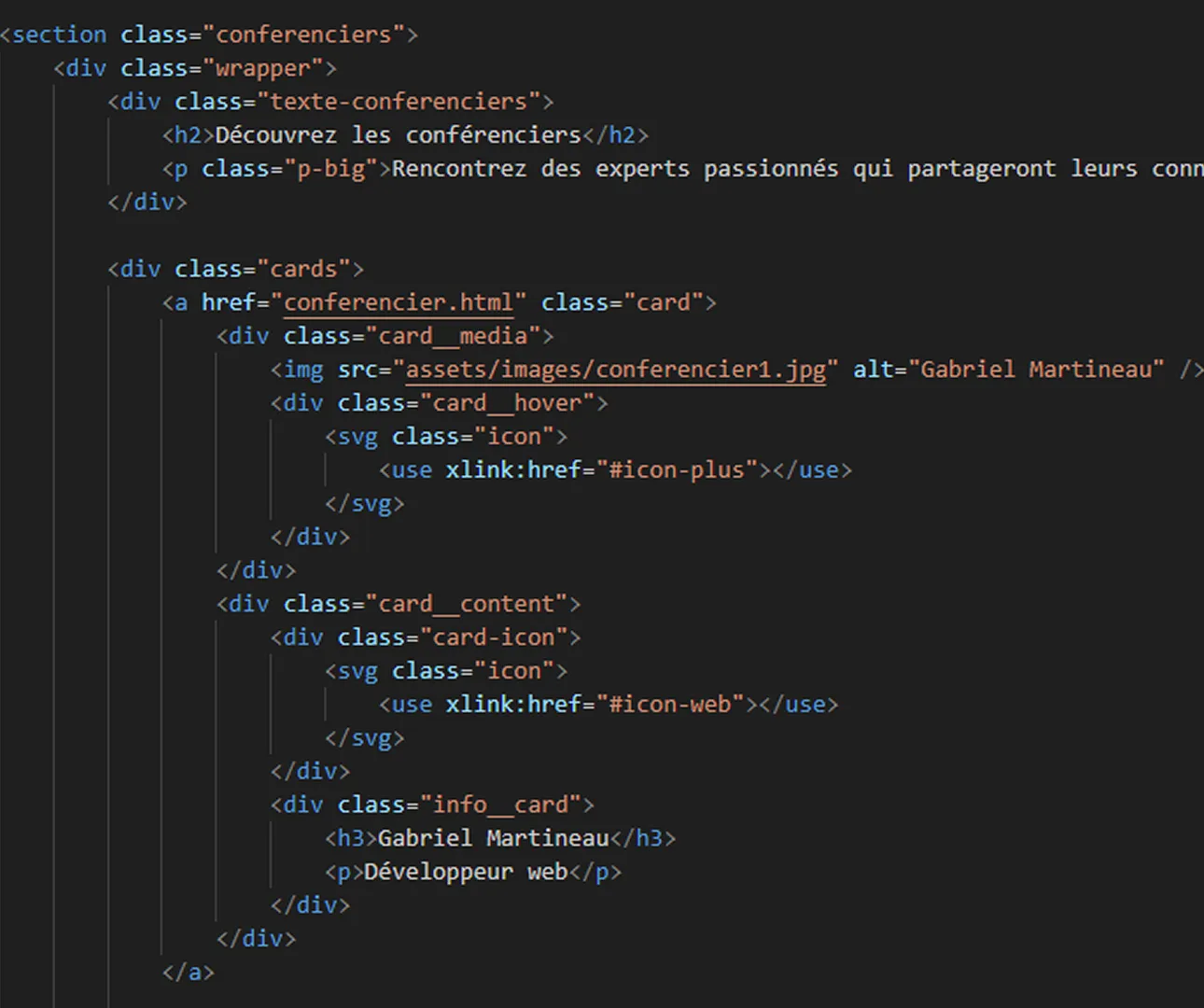 Showcase de la structure HTML des cards du projet
