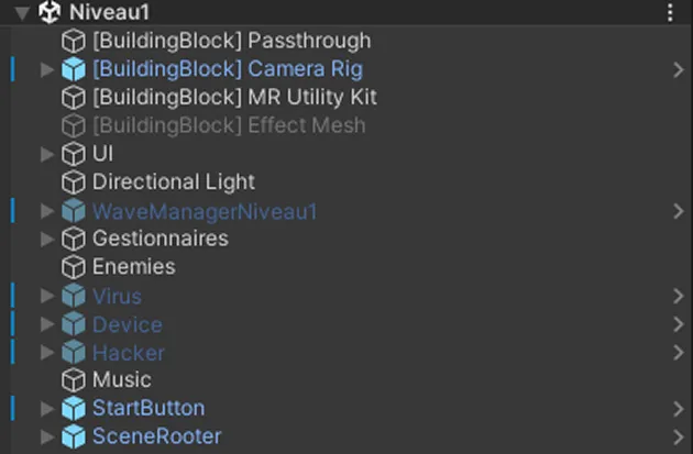 Image de la hiérarchie du projet Unity